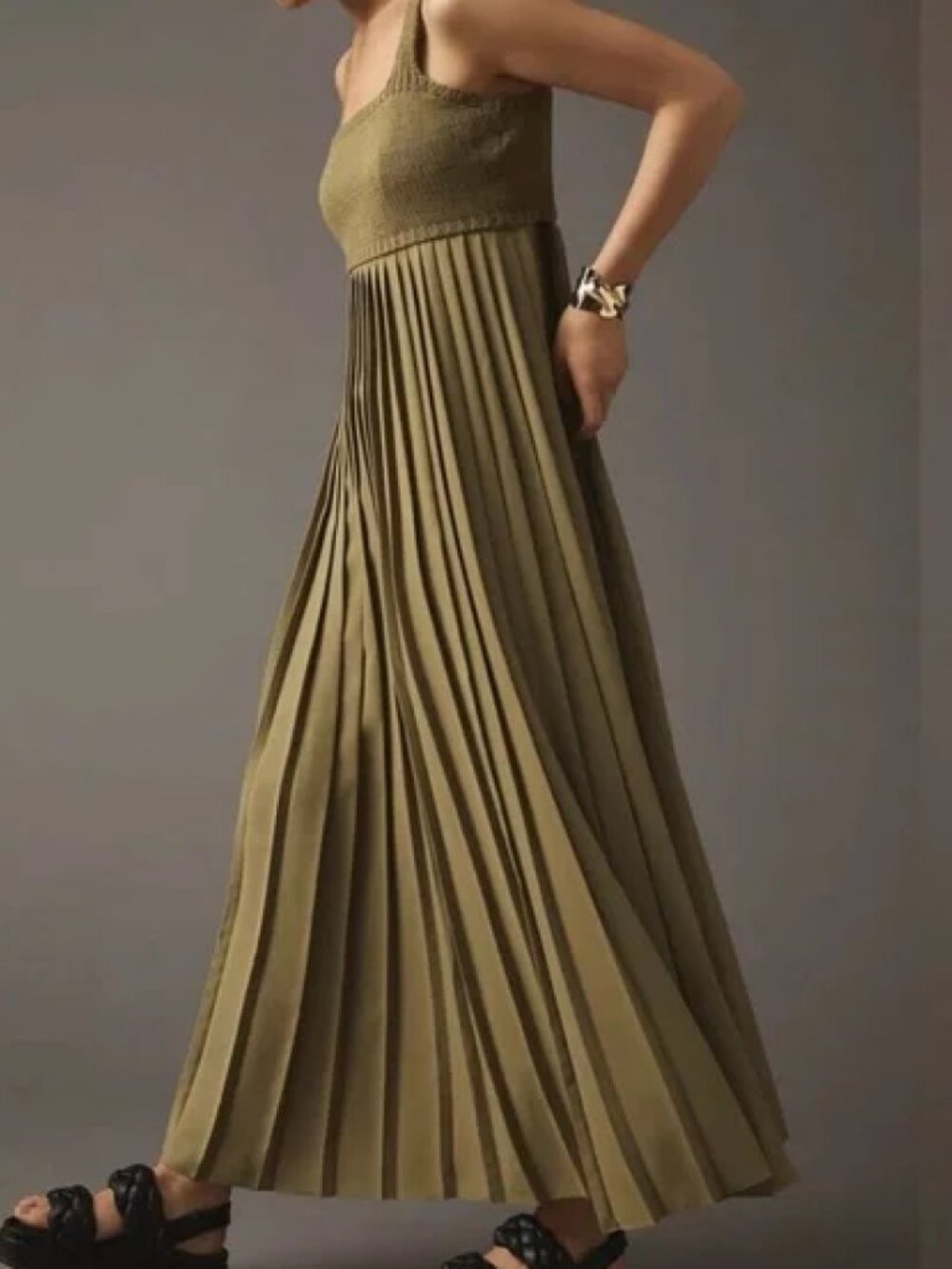 Mare Mare x Anthropologie Olive Green Pleated Maxi Dress
